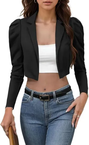 Blazers for Women Business Casual Work Office Long Puff Sleeve Open Front Cropped Blazer Suit Jacket