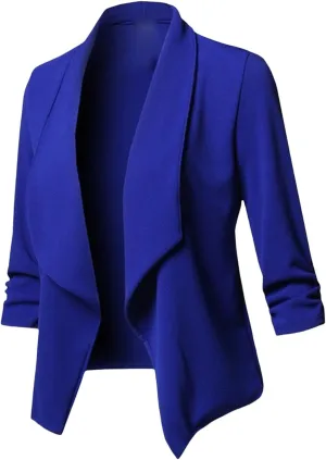 Blazers for Women Stretch 3/4 Gathered Sleeve Open Blazer Jacket Classic Draped Open Front Lightweight Blazer Tops
