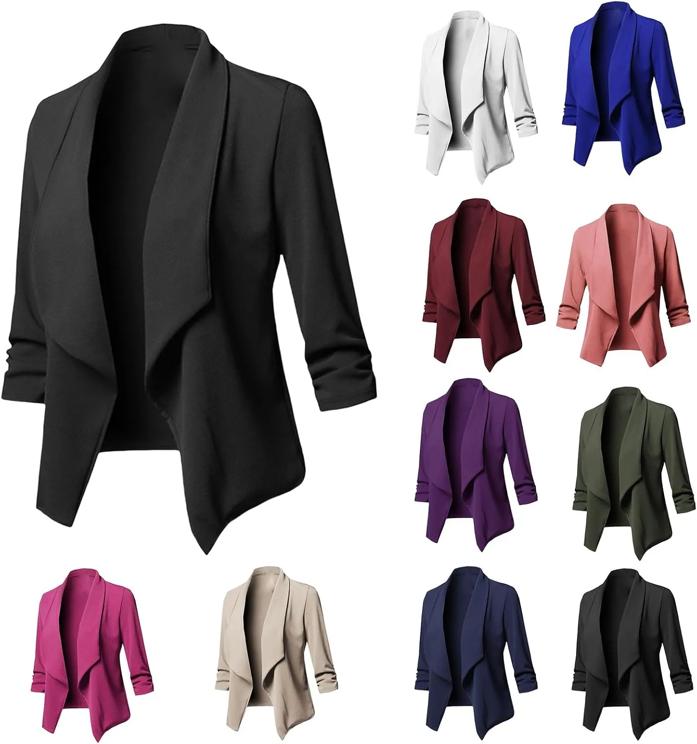 Blazers for Women Stretch 3/4 Gathered Sleeve Open Blazer Jacket Classic Draped Open Front Lightweight Blazer Tops
