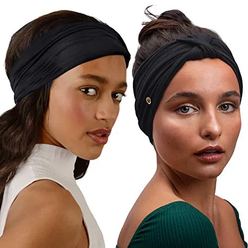 BLOM Original Boho 2-Pack Headbands for Women- Non-Slip Knotted Headband- Women Hair Band Made in Bali- 6" Wide Multistyle Elastic Head Wrap Perfect for Running, Yoga, Travel, Workouts & Fashion