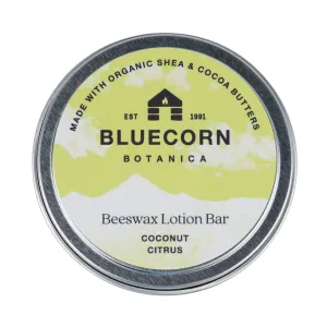 Bluecorn Beeswax Coconut Citrus Scented Lotion Bar. Organic Shea Butter, Cocoa Butter, Vitamin E, Apricot Oil & Avocado Oil. Long-Lasting Moisture for Super Dry Skin. Plastic-Free & Made in the USA.