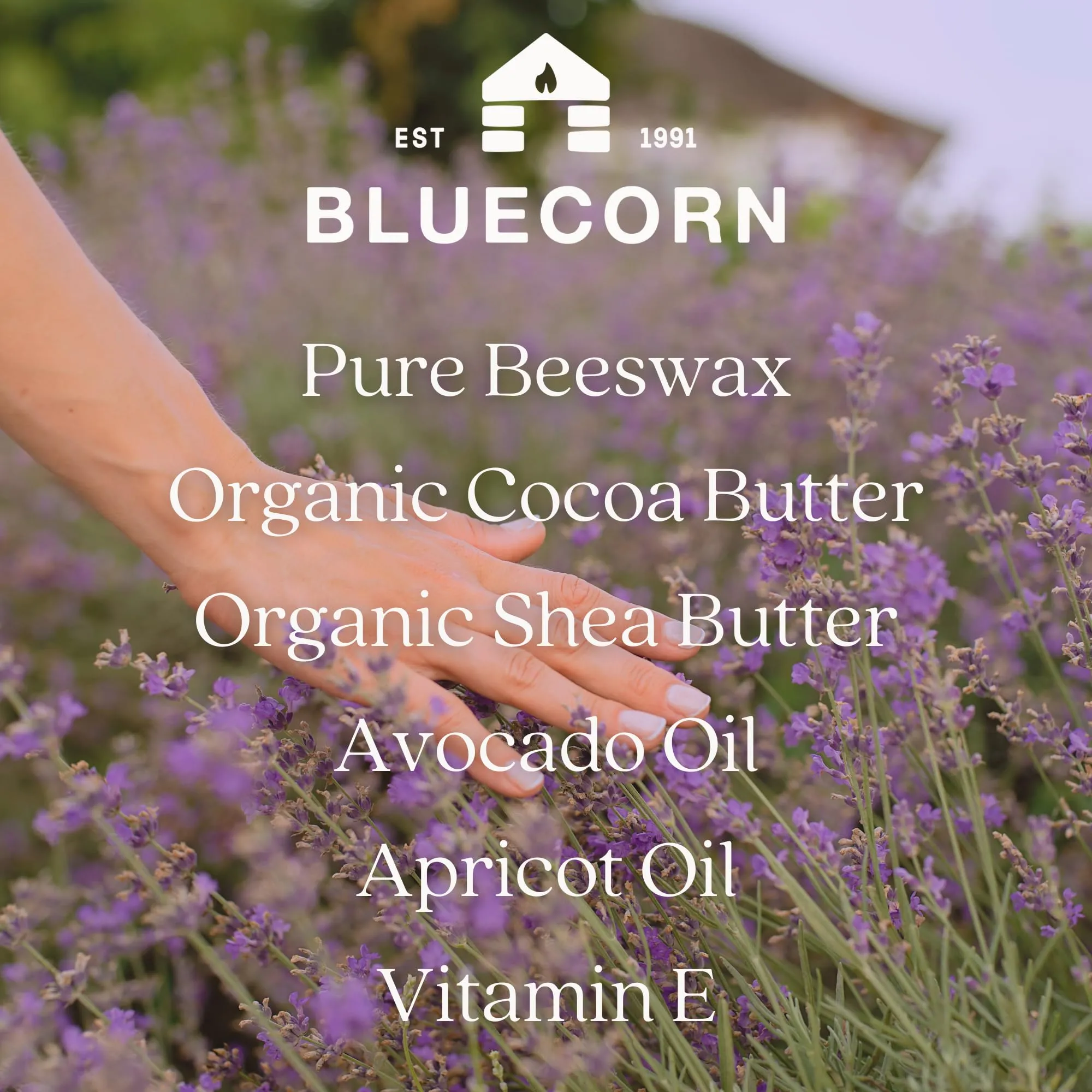 Bluecorn Beeswax Coconut Citrus Scented Lotion Bar. Organic Shea Butter, Cocoa Butter, Vitamin E, Apricot Oil & Avocado Oil. Long-Lasting Moisture for Super Dry Skin. Plastic-Free & Made in the USA.