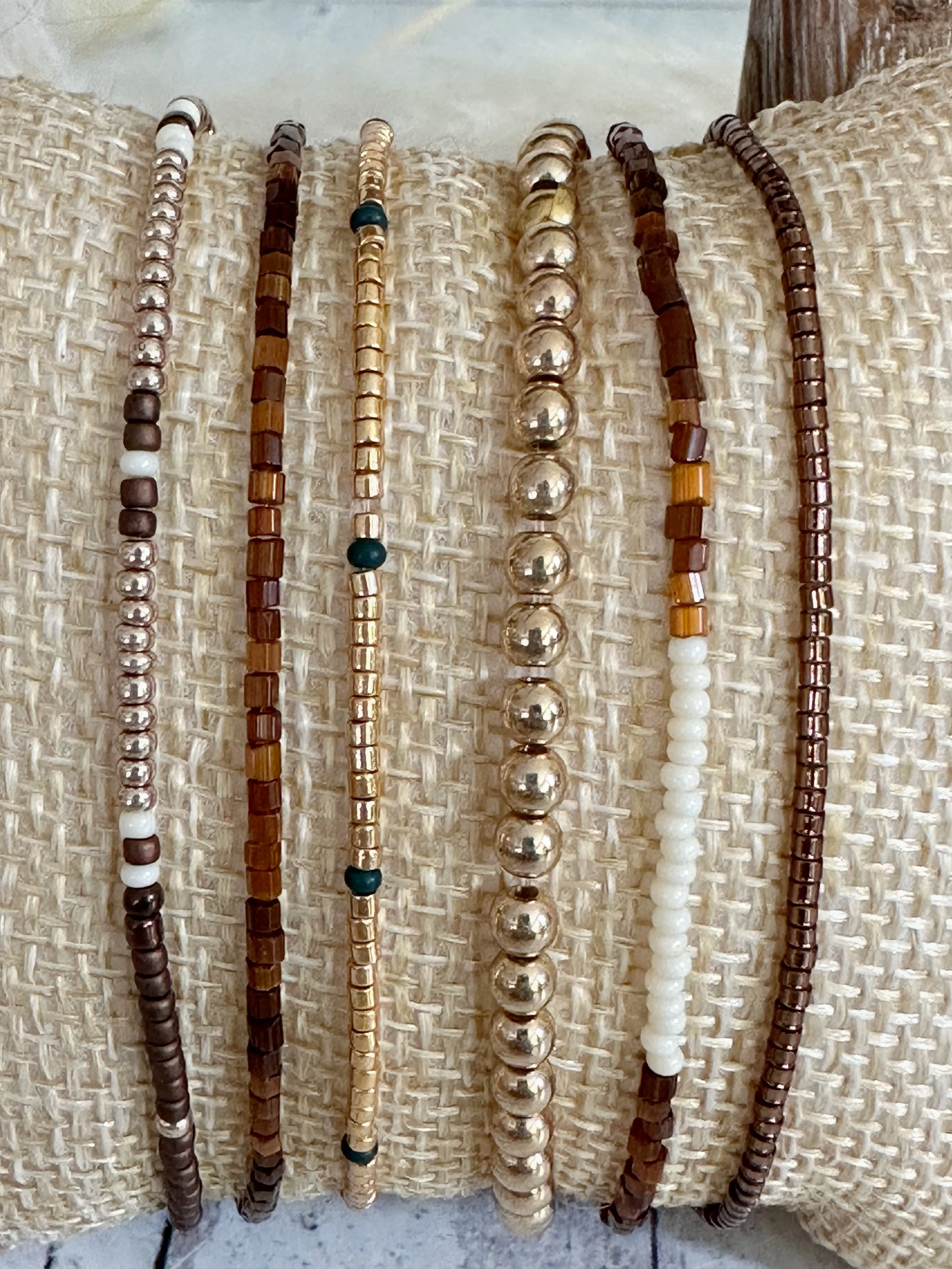 Boho Chic Bracelets , Gold and Bronze Chains, Warm Color Seed Bead Stack