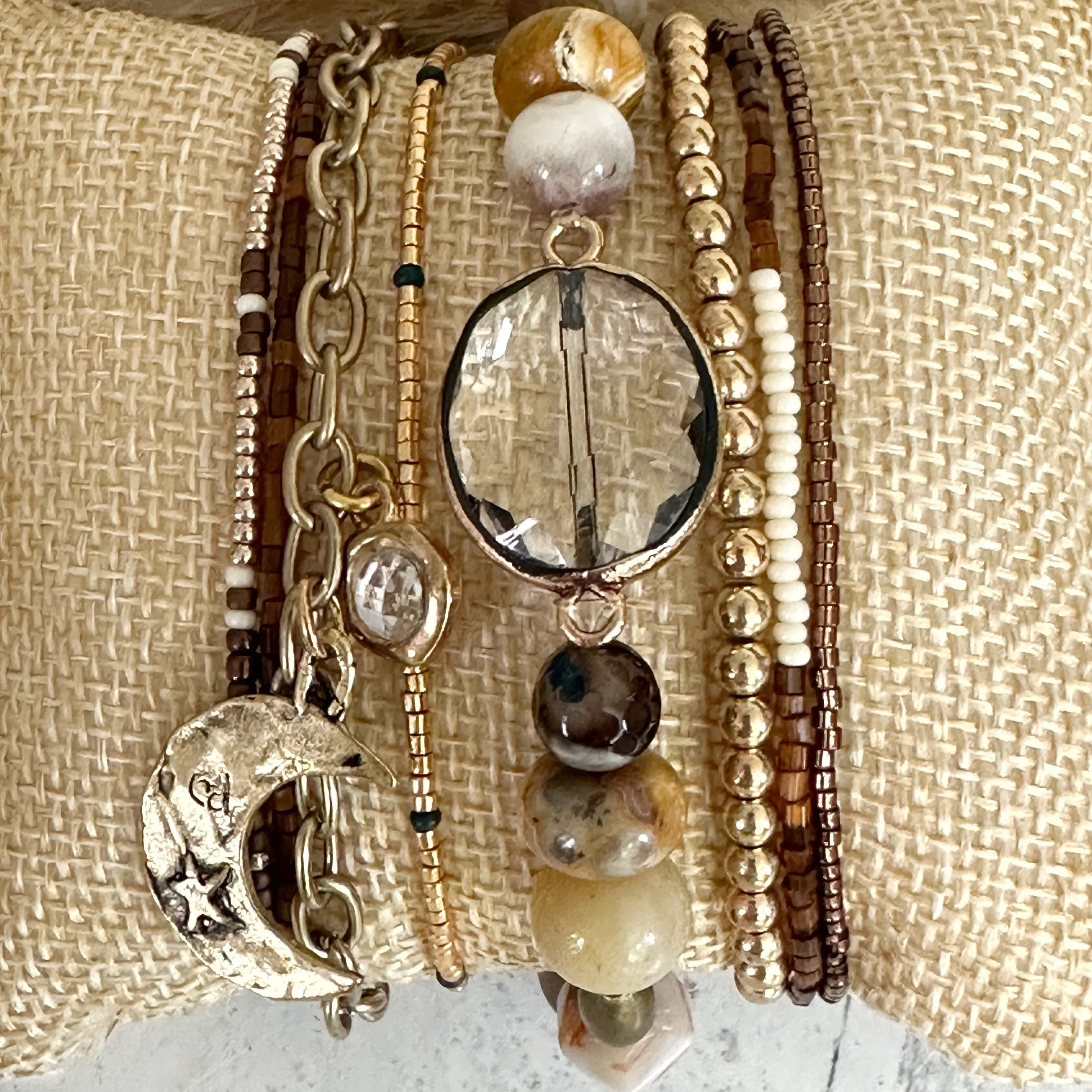 Boho Chic Bracelets , Gold and Bronze Chains, Warm Color Seed Bead Stack