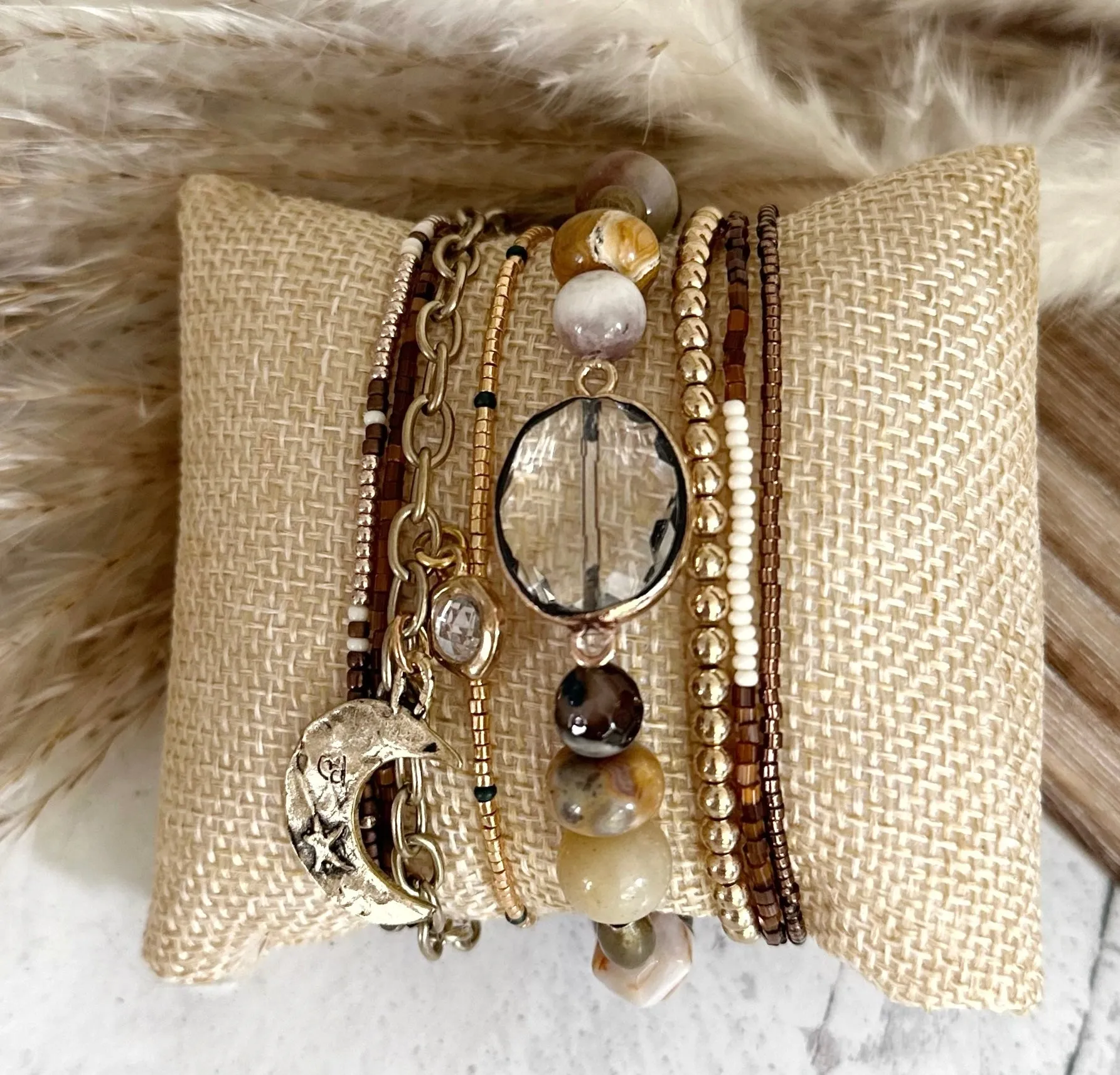 Boho Chic Bracelets , Gold and Bronze Chains, Warm Color Seed Bead Stack