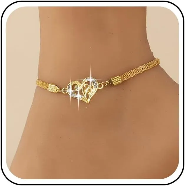 Boho Crystal Heart Anklet Bracelet Hollow Rhinestone Ankle Bracelets Gold Flat Chain Anklets Summer Love Heart Foot Chain Anklet Jewelry for Women