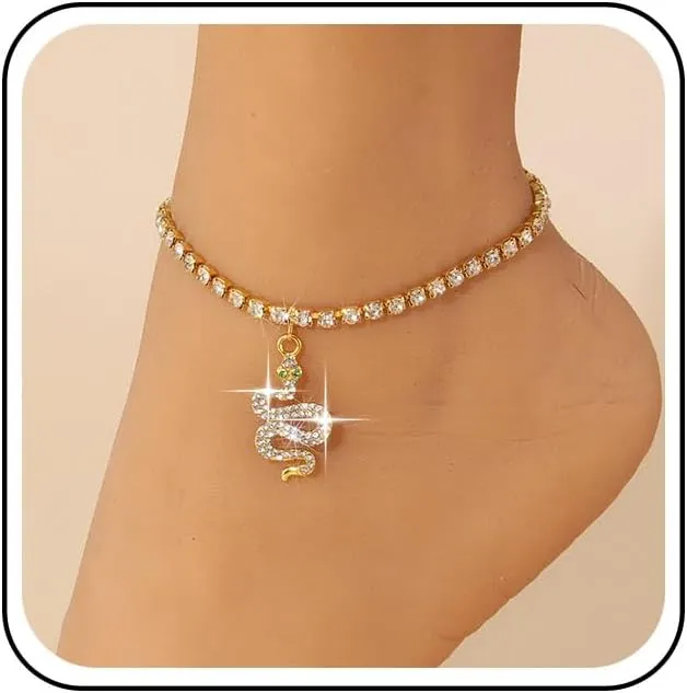 Boho Crystal Snake Anklet Bracelet Gold Cz Snake Dangle Ankle Bracelets Cz Tennis Chain Anklet Punk Serpent Anklets Foot Chain Jewelry for Women