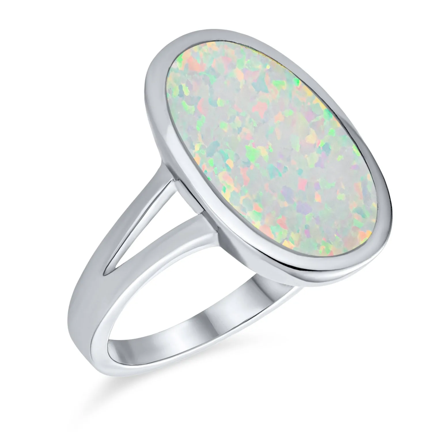 Boho Gemstone Silver Ring Iridescent White Opal - Sterling Split Shank Design