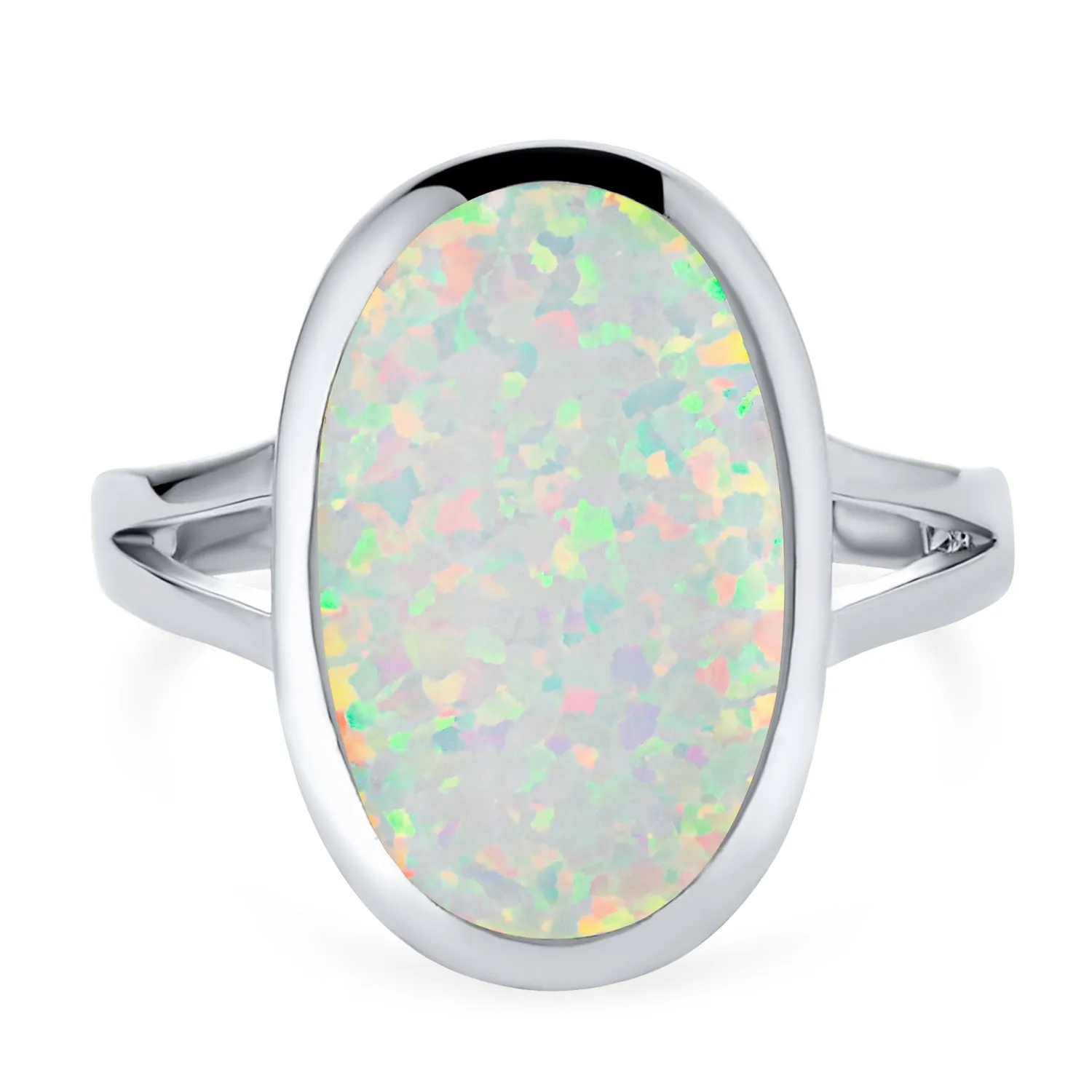 Boho Gemstone Silver Ring Iridescent White Opal - Sterling Split Shank Design