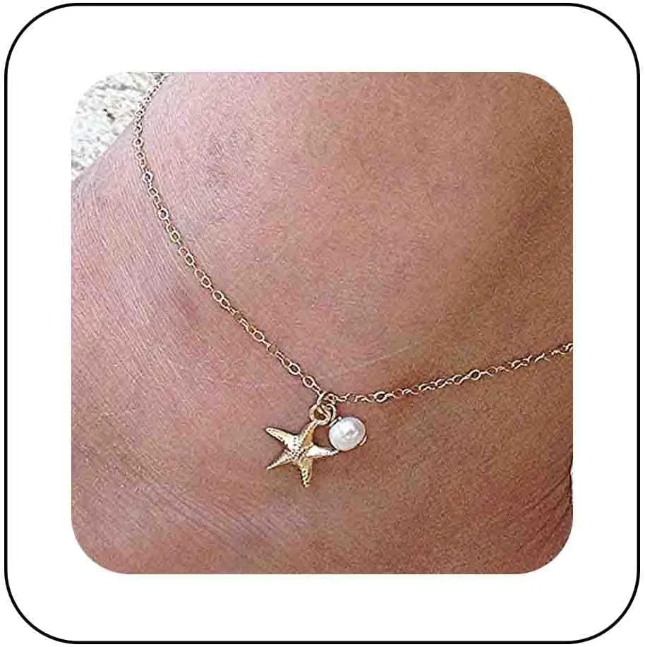 Boho Starfish Pearl Anklet Bracelets Gold Starfish Anklet Chain Tiny Pearl Anklet Bracelet Starfish Foot Chain Gold Filled Chain Anklet Jewelry for Women