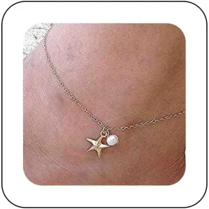 Boho Starfish Pearl Anklet Bracelets Gold Starfish Anklet Chain Tiny Pearl Anklet Bracelet Starfish Foot Chain Gold Filled Chain Anklet Jewelry for Women