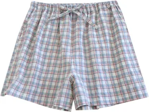 Boxer Shorts for Women Cute Plaid Mid Elastic Waist Cotton Linen Shorts Summer Loose Comfy Casual Wide Leg Lounge Bottoms