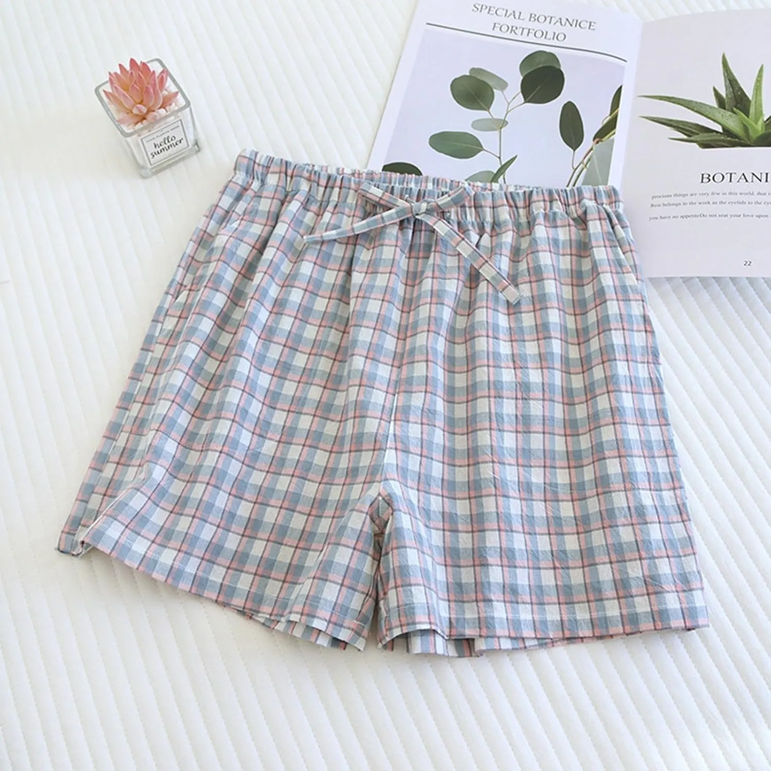 Boxer Shorts for Women Cute Plaid Mid Elastic Waist Cotton Linen Shorts Summer Loose Comfy Casual Wide Leg Lounge Bottoms