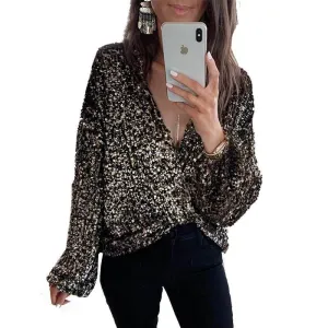 Bright Long Sleeves Deep V-neck T-shirt