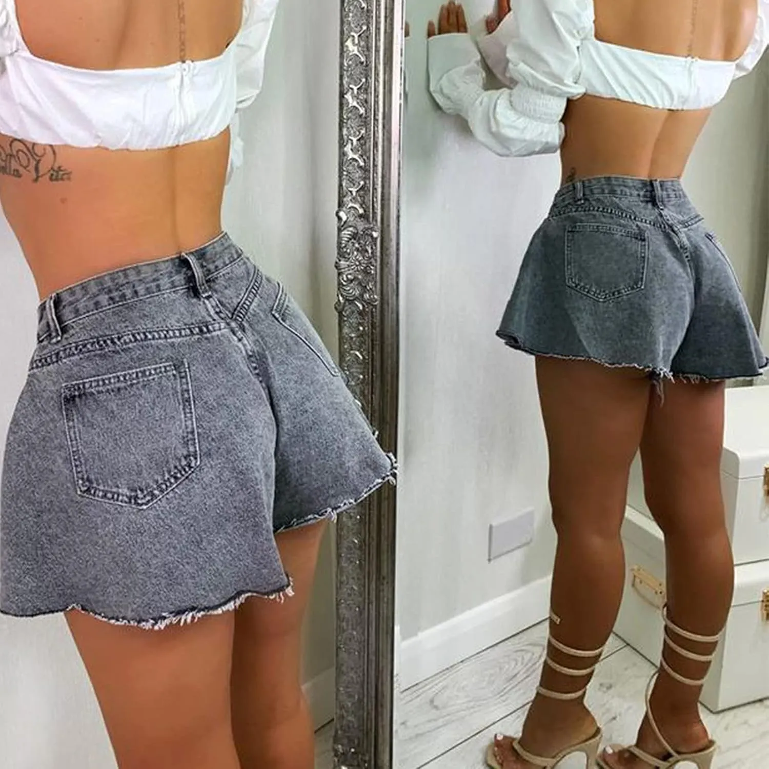 BTDECLAR Women's High Waisted Jean Shorts Casual Loose Wide Leg Raw Hem Distressed Ripped Denim Shorts Skirts with Pockets