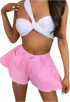 BTDECLAR Women's High Waisted Jean Shorts Casual Loose Wide Leg Raw Hem Distressed Ripped Denim Shorts Skirts with Pockets