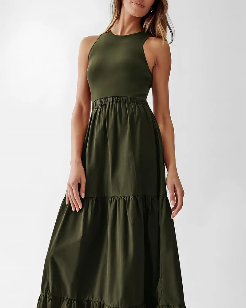 BTFBM Women Sleeveless Summer Dresses Wedding Guest Maxi Dresses Ribbed Knit Tops and Polyester Skirt with Pockets