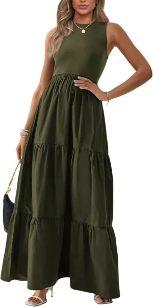 BTFBM Women Sleeveless Summer Dresses Wedding Guest Maxi Dresses Ribbed Knit Tops and Polyester Skirt with Pockets