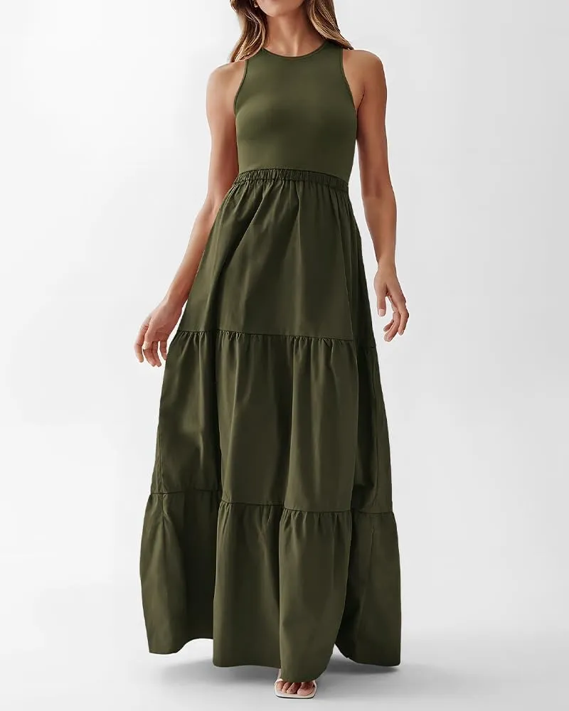 BTFBM Women Sleeveless Summer Dresses Wedding Guest Maxi Dresses Ribbed Knit Tops and Polyester Skirt with Pockets