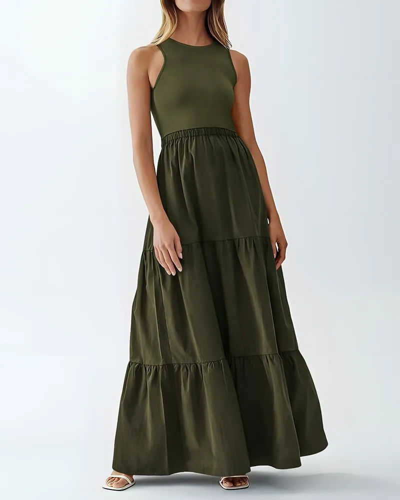 BTFBM Women Sleeveless Summer Dresses Wedding Guest Maxi Dresses Ribbed Knit Tops and Polyester Skirt with Pockets