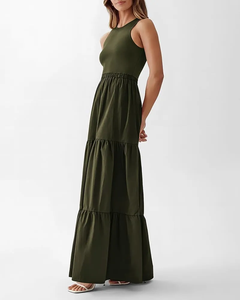 BTFBM Women Sleeveless Summer Dresses Wedding Guest Maxi Dresses Ribbed Knit Tops and Polyester Skirt with Pockets