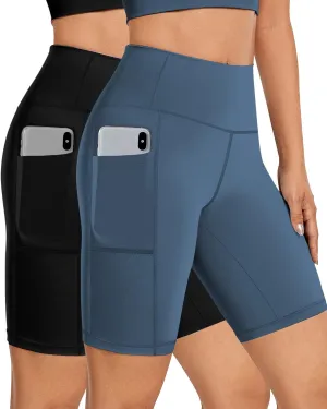 Buauty 2/3 Pack Biker Shorts Women Tummy Control with Pocket 8" High Waisted Yoga Running Workout Spandex Compression Shorts