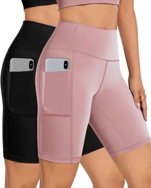 Buauty 2/3 Pack Biker Shorts Women Tummy Control with Pocket 8" High Waisted Yoga Running Workout Spandex Compression Shorts