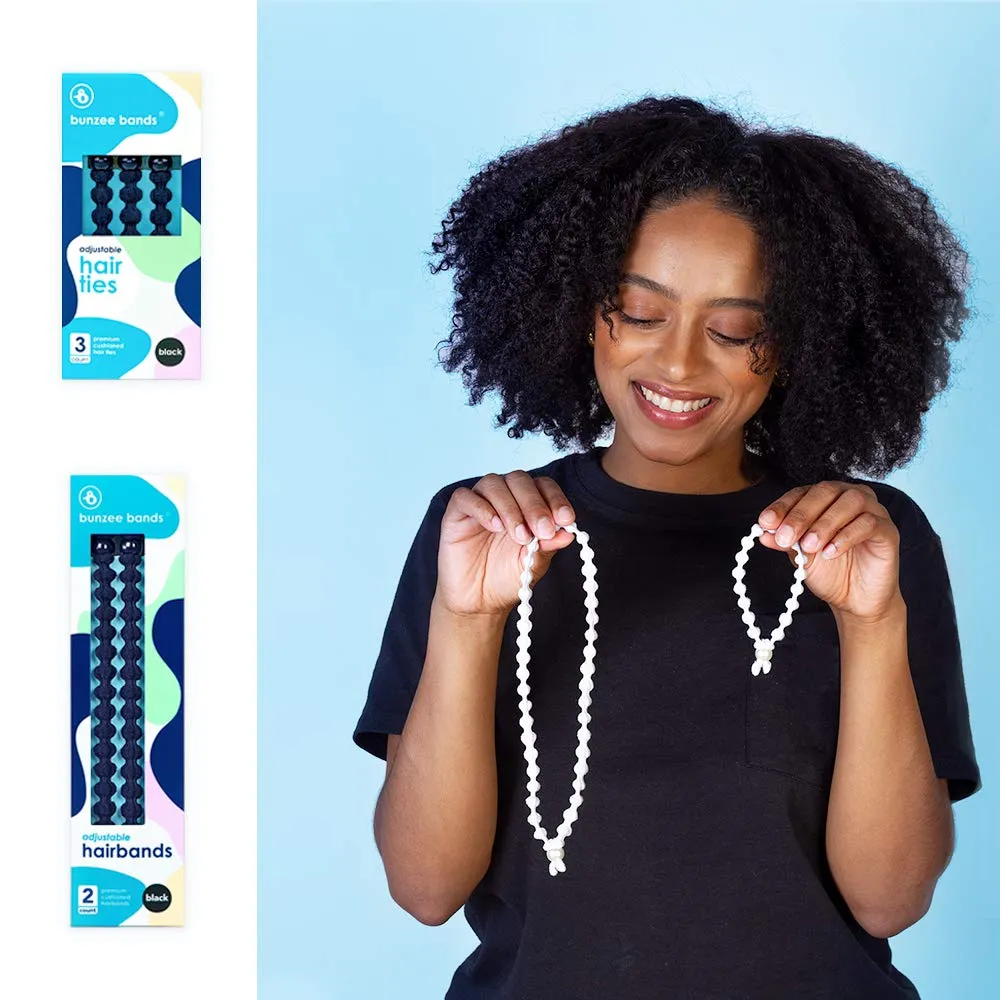 Bunzee Bands - Adjustable Length Hairbands | Cushioned No-Slip Design | Perfect for Crease free Thick Ponytails, Buns, Puffs and Updos | Patent Pending (Small, Black Marble)