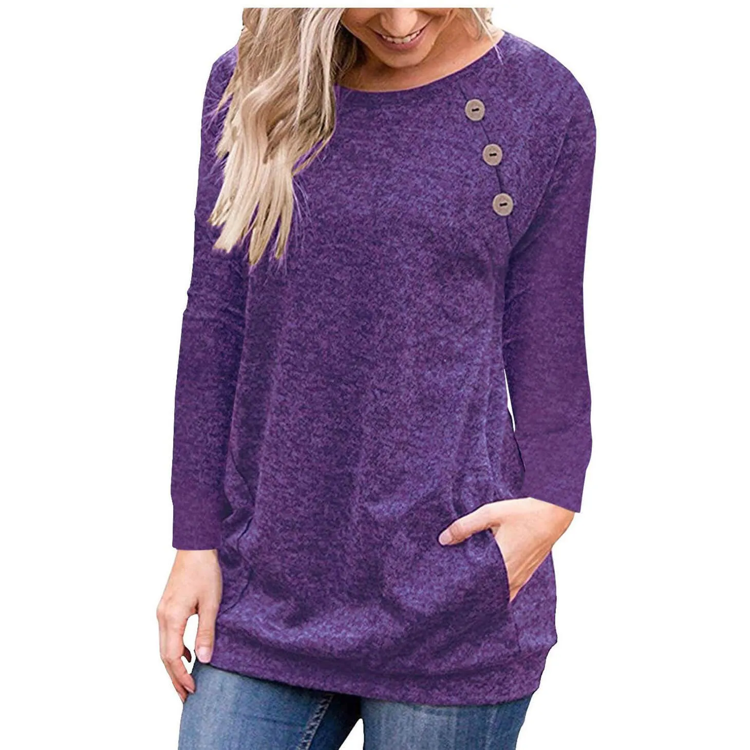 Button Scoop Long Sleeves Pockets T-shirt