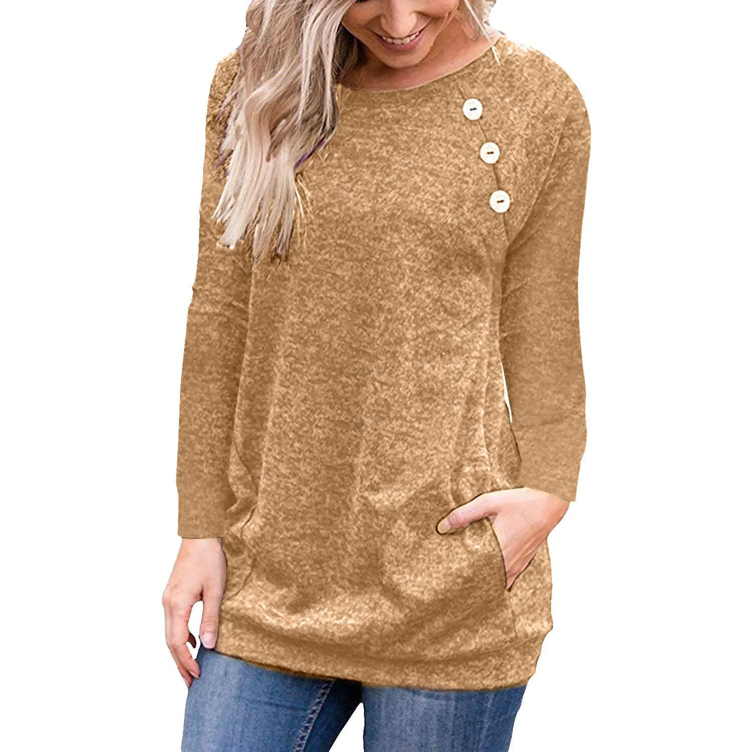 Button Scoop Long Sleeves Pockets T-shirt