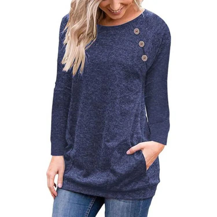 Button Scoop Long Sleeves Pockets T-shirt