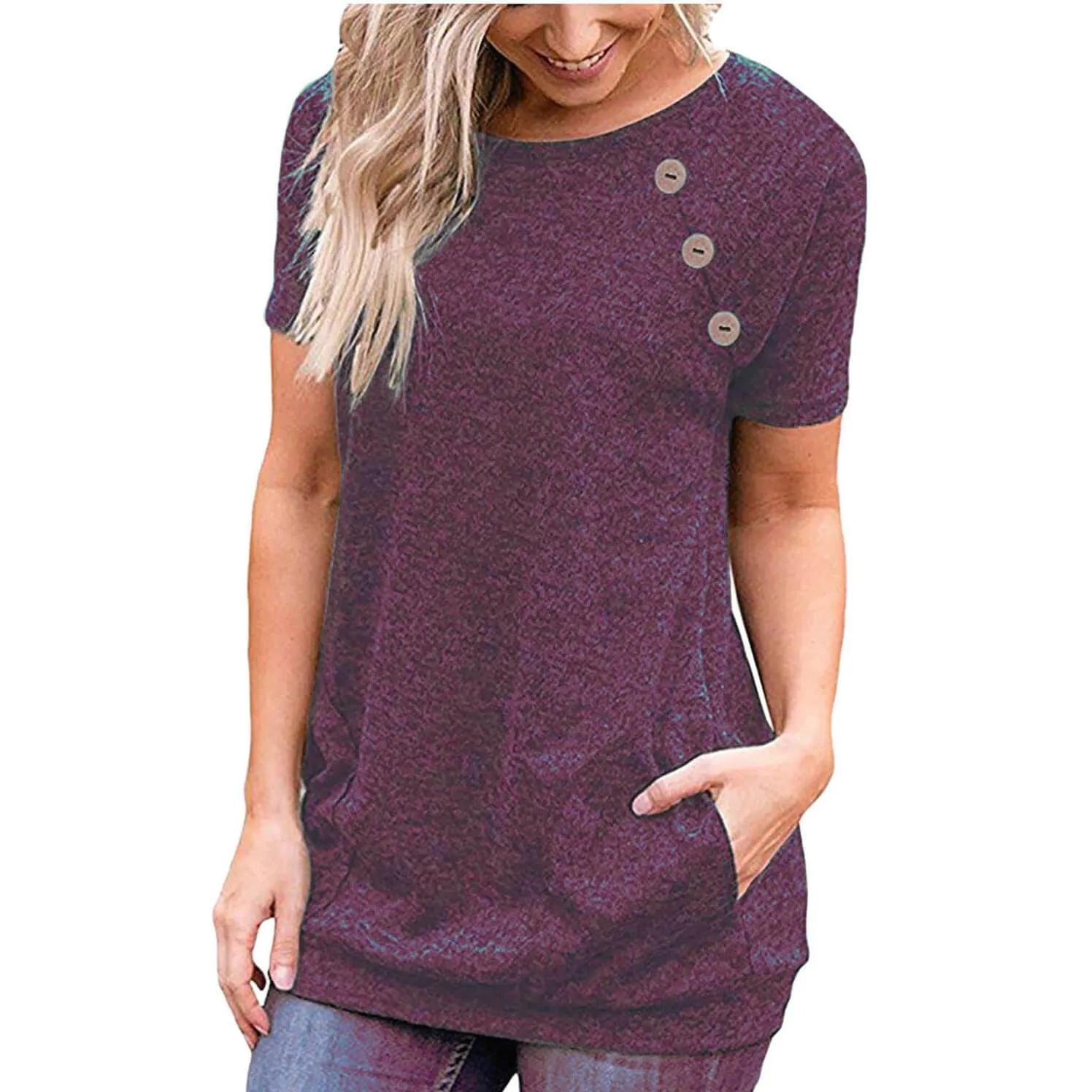 Button Scoop Long Sleeves Pockets T-shirt
