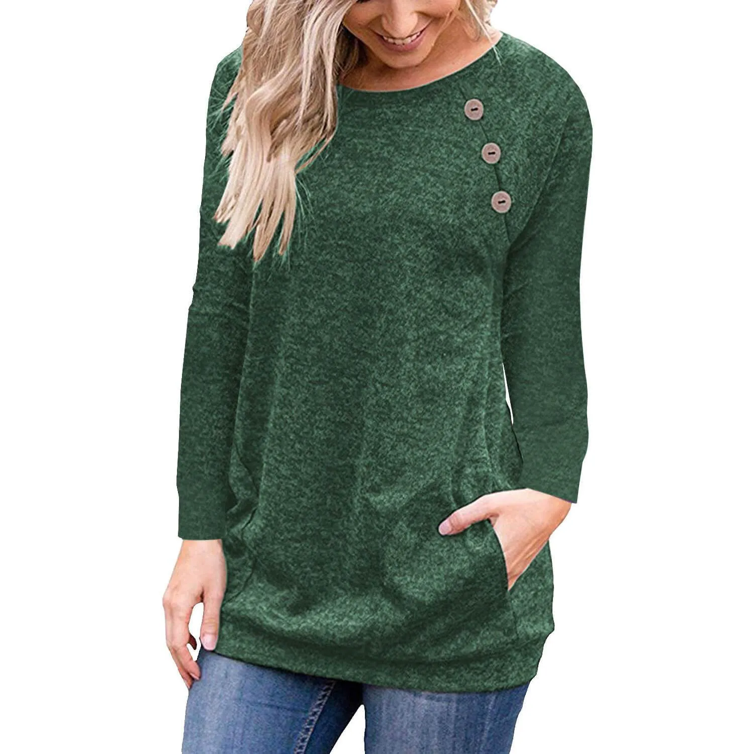 Button Scoop Long Sleeves Pockets T-shirt