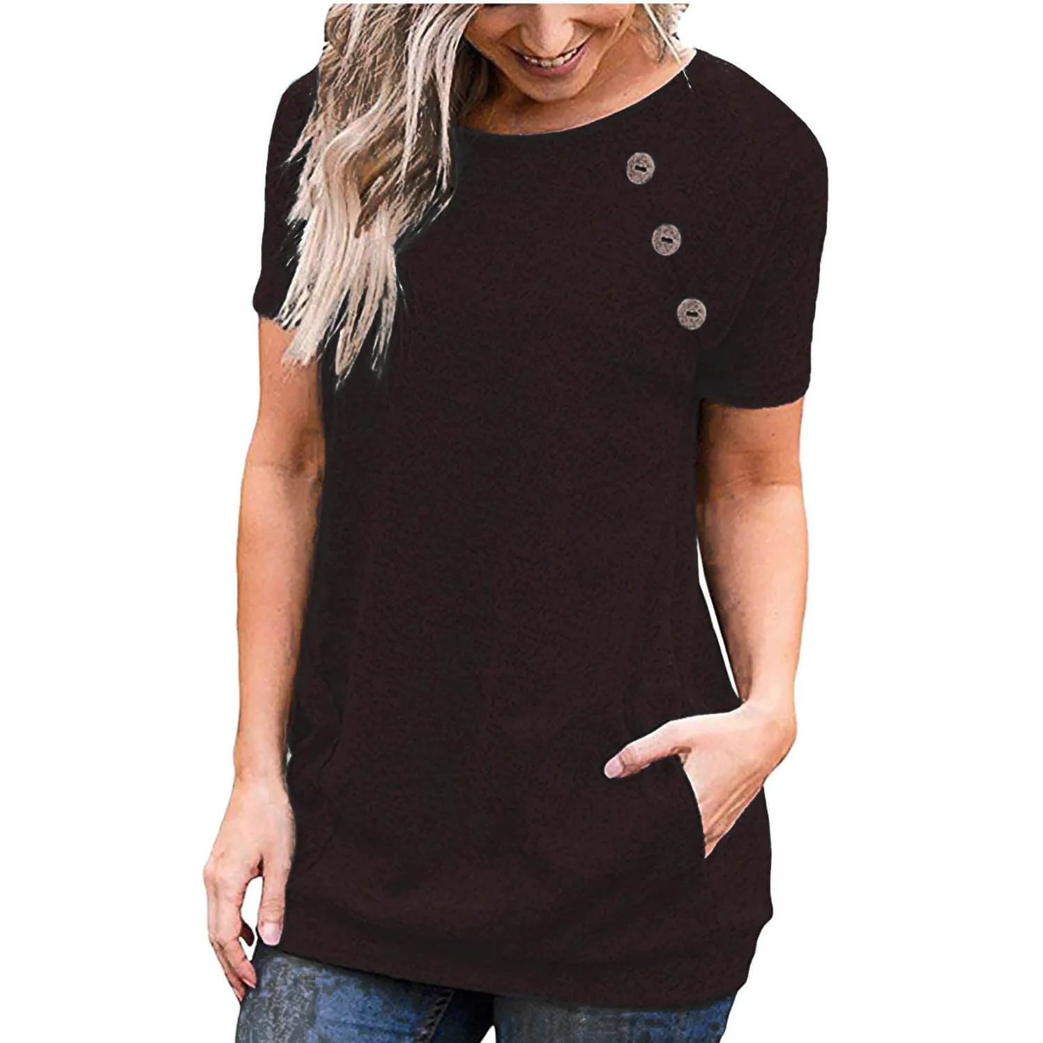 Button Scoop Long Sleeves Pockets T-shirt