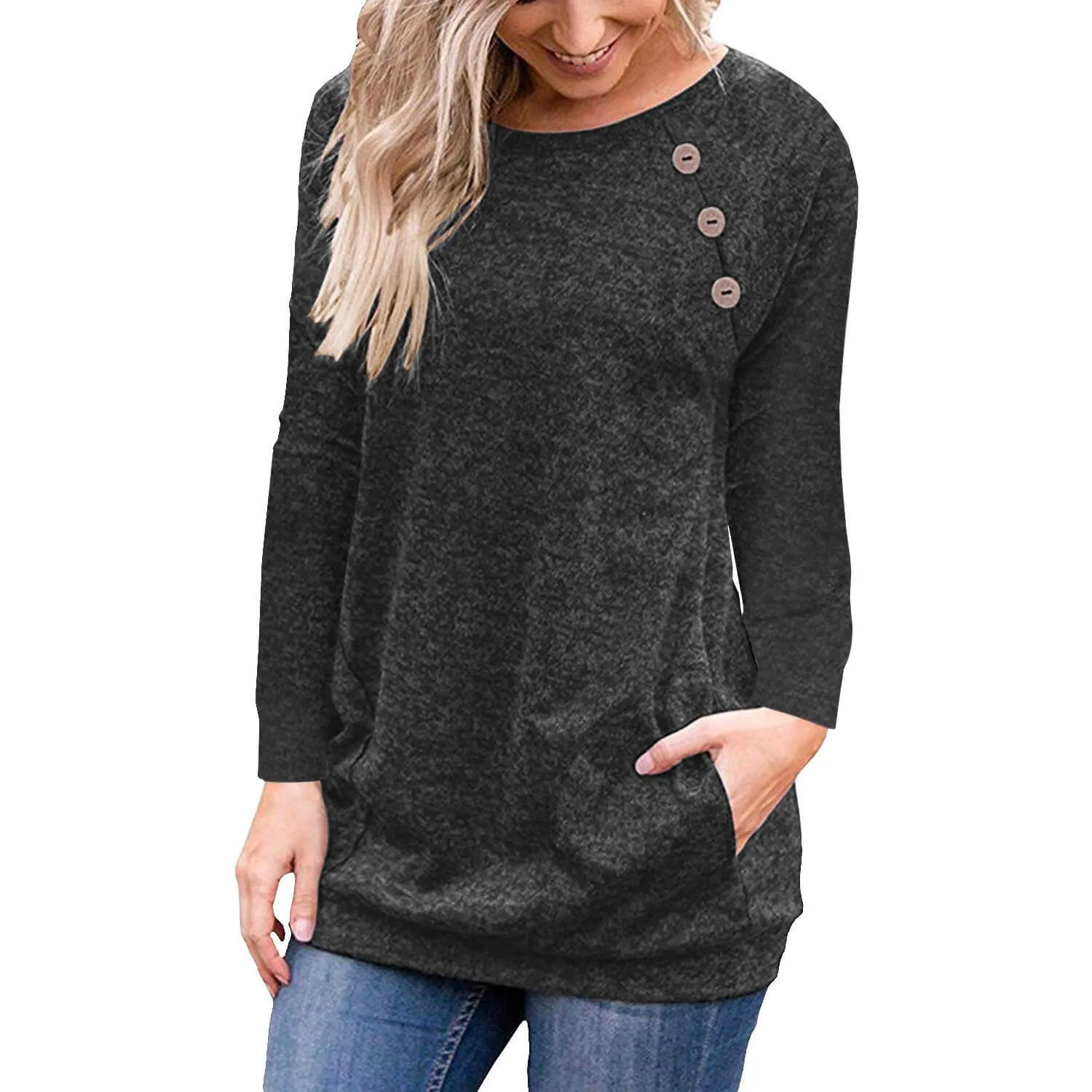 Button Scoop Long Sleeves Pockets T-shirt