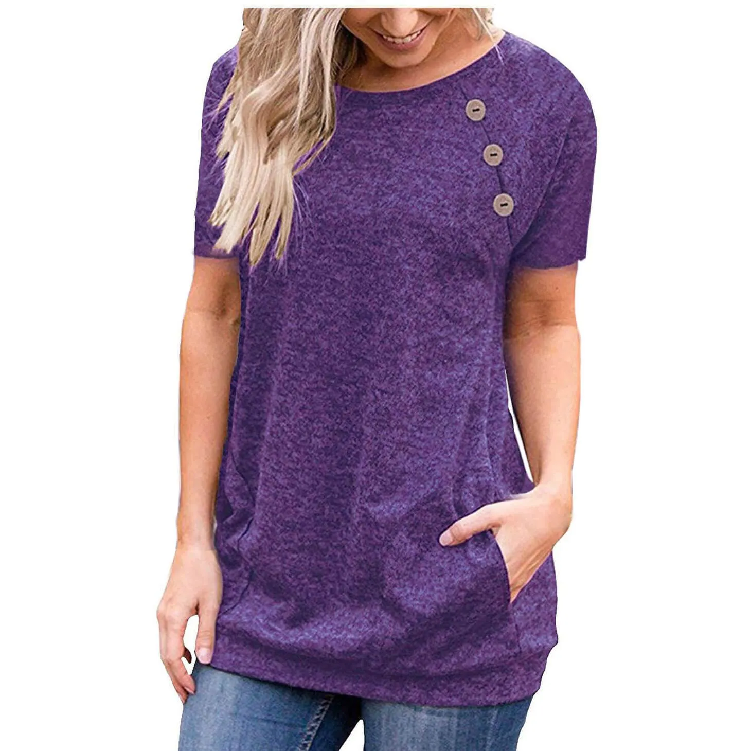 Button Scoop Long Sleeves Pockets T-shirt