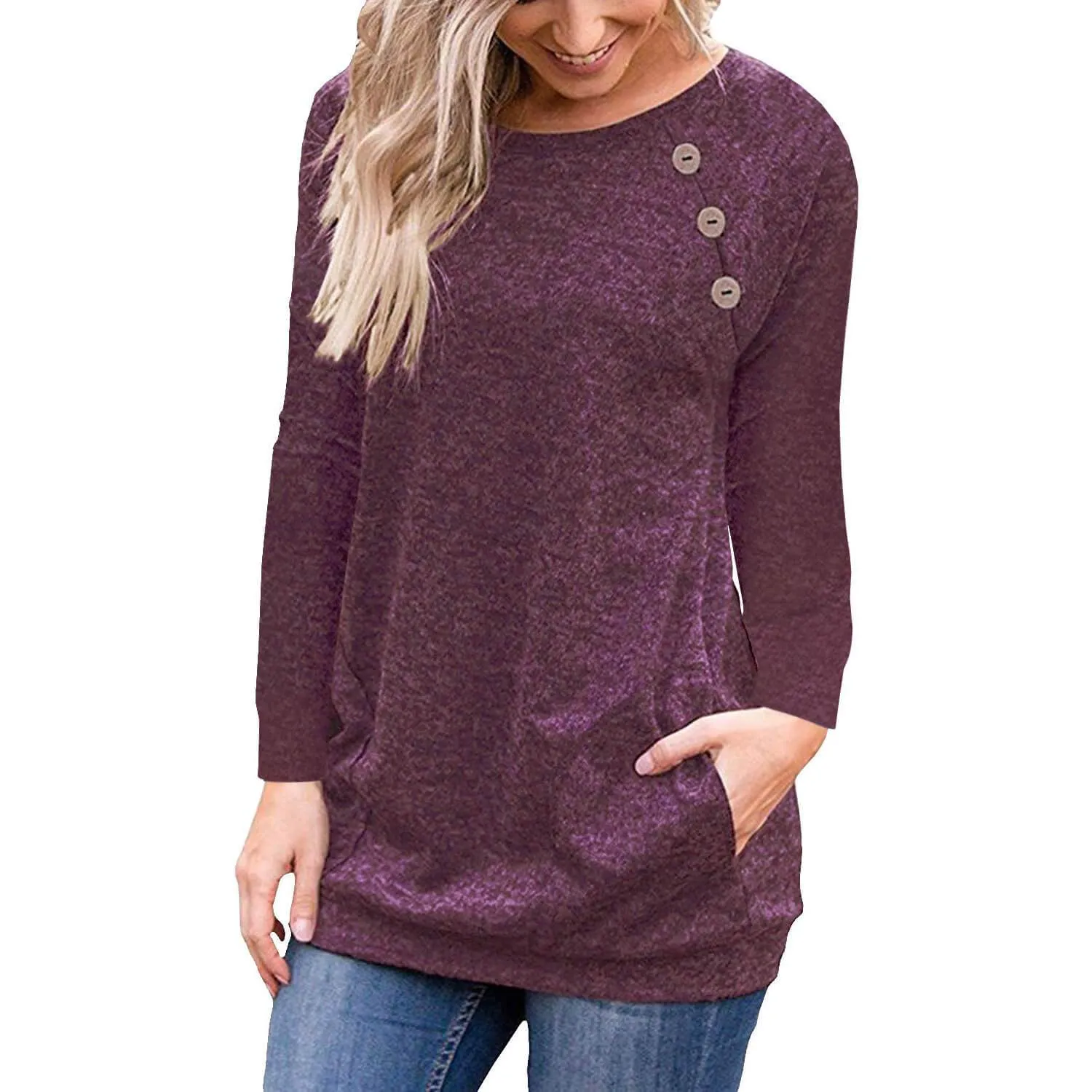 Button Scoop Long Sleeves Pockets T-shirt