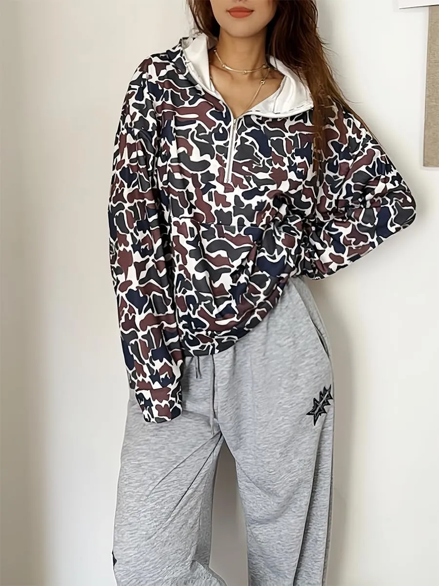 Camo Hoodie Oversized Quarter Zip Pullover Women Cute Camo Zip Up Hoodie Colorful Patchwork Cheetah Hoodies Y2k Trendy