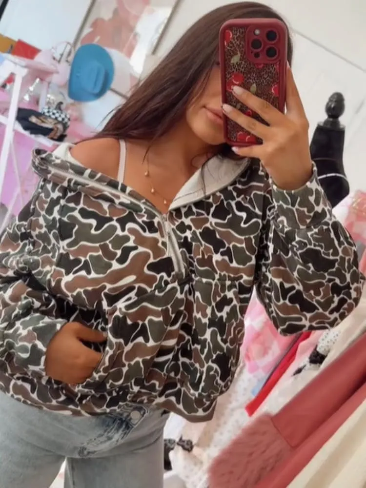 Camo Hoodie Oversized Quarter Zip Pullover Women Cute Camo Zip Up Hoodie Colorful Patchwork Cheetah Hoodies Y2k Trendy