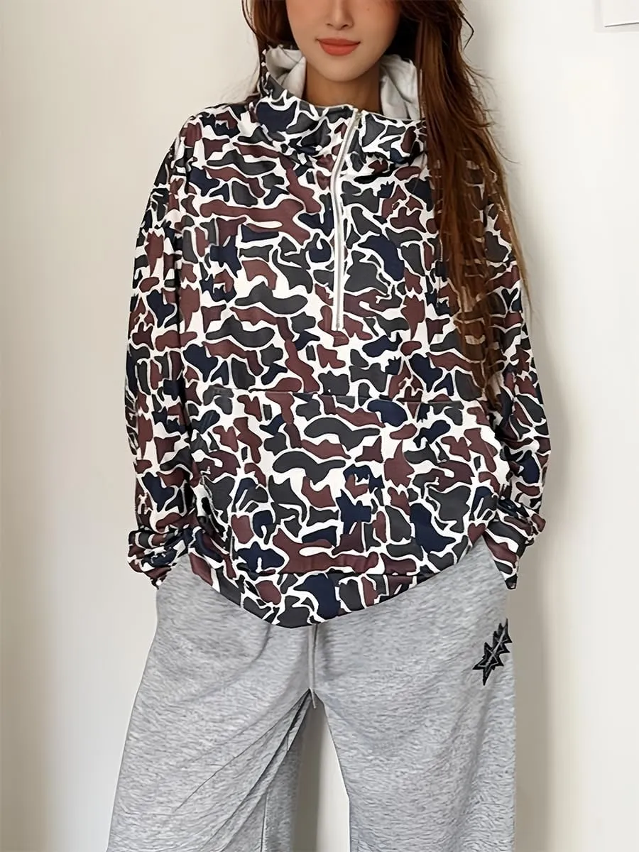 Camo Hoodie Oversized Quarter Zip Pullover Women Cute Camo Zip Up Hoodie Colorful Patchwork Cheetah Hoodies Y2k Trendy
