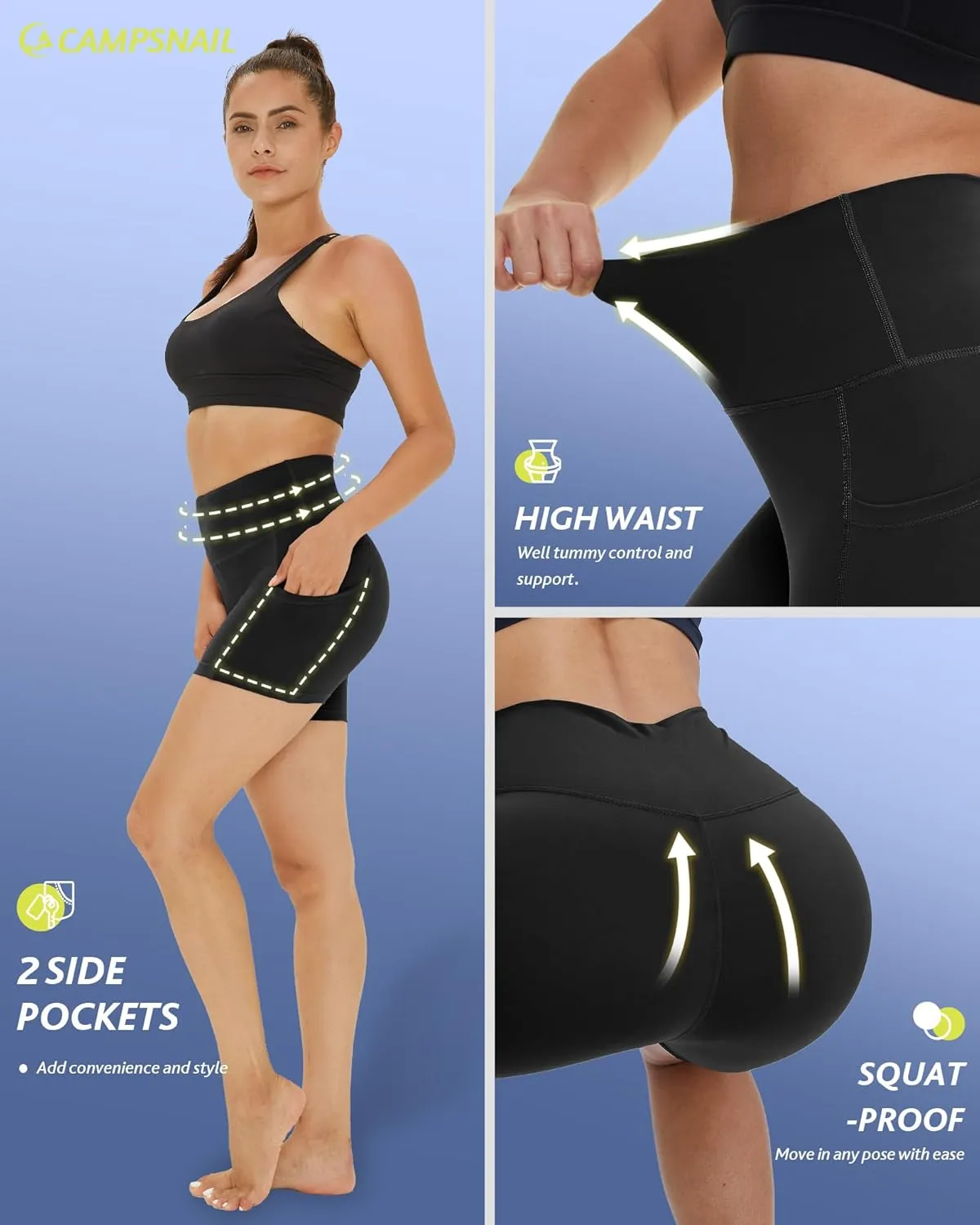CAMPSNAIL 4 Pack Biker Shorts Women with Pockets  5"/8" High Waist Tummy Control Workout Gym Yoga Running Compression Shorts