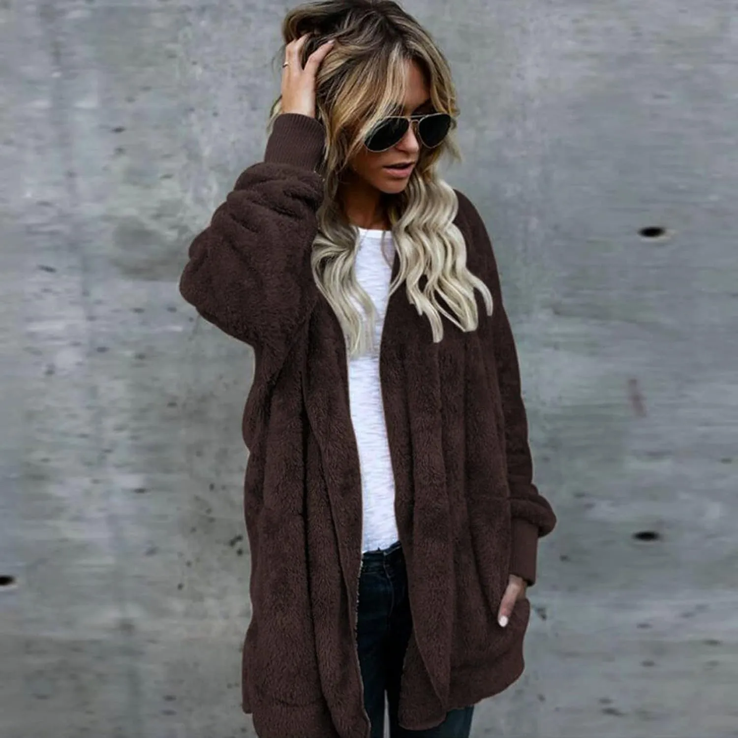 Cardigan for Women Winter Fashion Plus Size Long Fleece Jacket Casual Long Sleeve Open Front Coat Fuzzy Outerwear