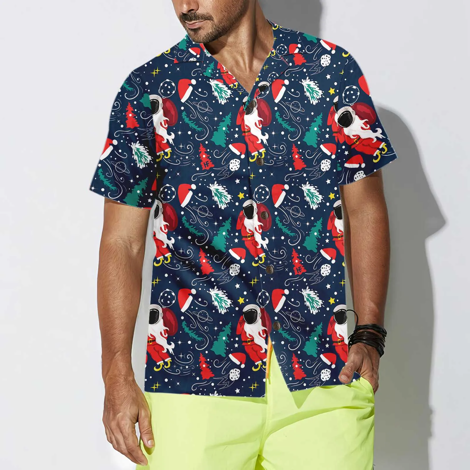 Cartoon Santa Claus Flying In Space Christmas Hawaiian Shirt, Santa Hawaiian Shirt For Men, Best Gift For Cartoon Lover, Friend, Family