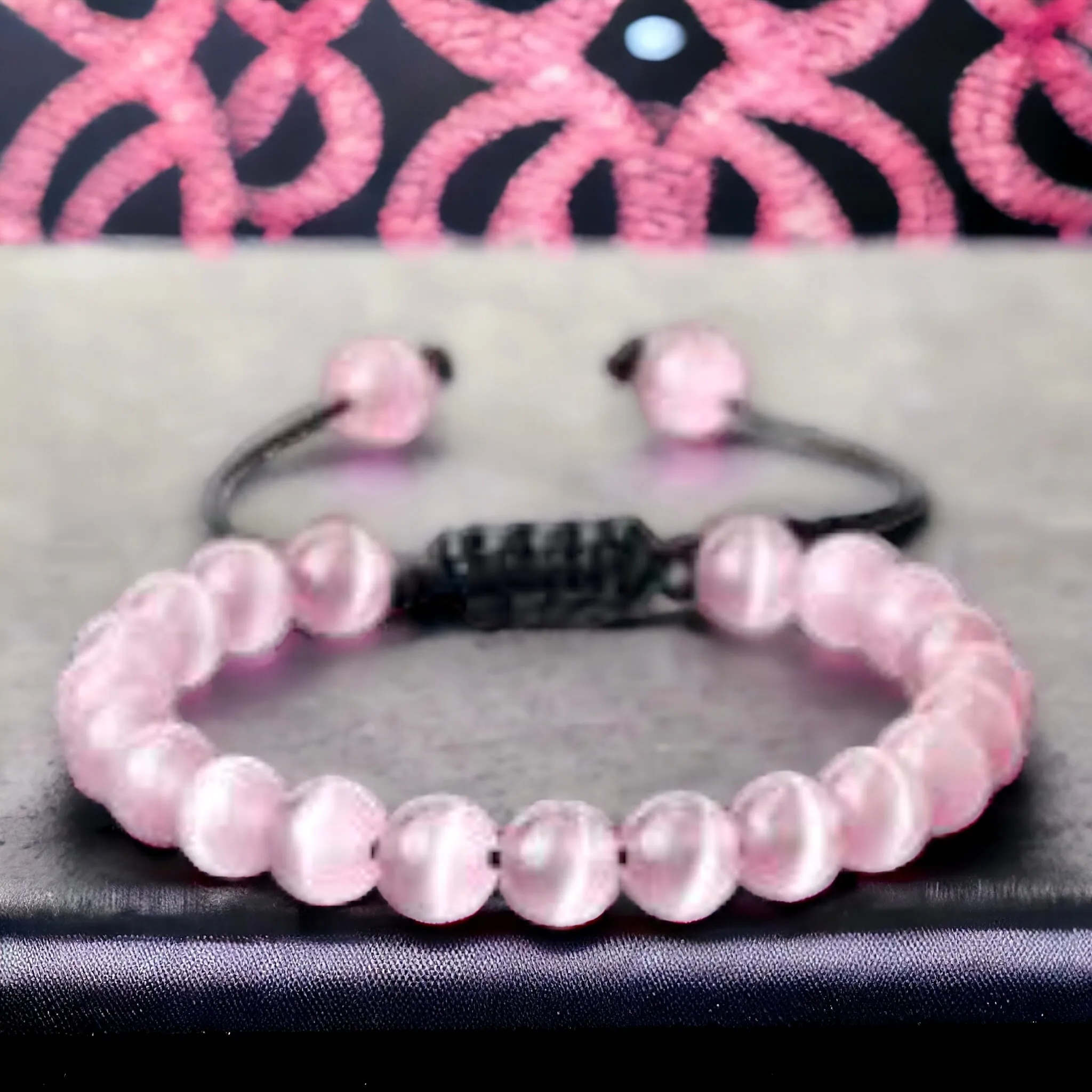 Cats Eye (Chrysoberyl) Pink Braided Macrame Adjustable Sliding Knot Round Smooth (8mm) Natural Gemstone Crystal Energy Bead Bracelet