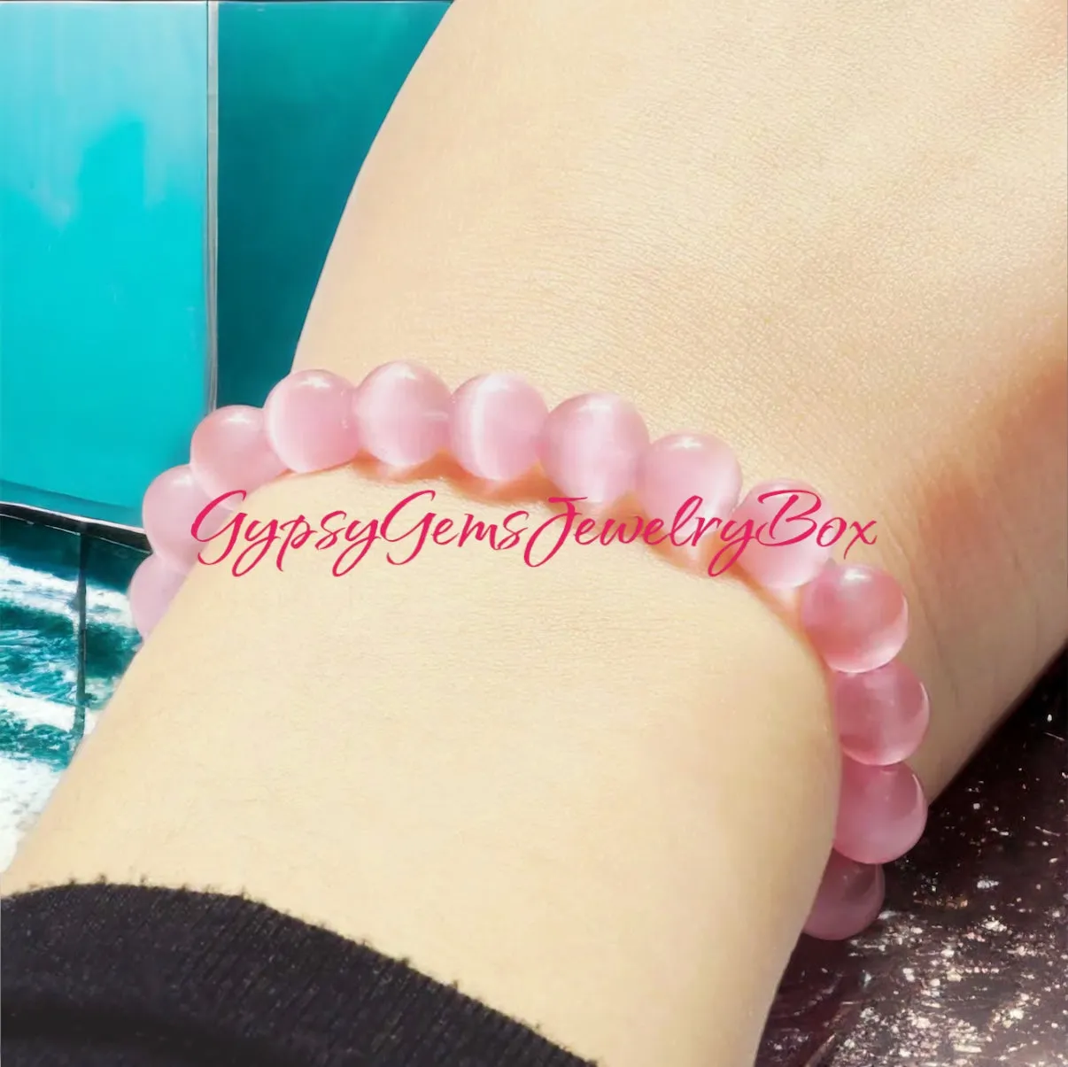 Cats Eye (Chrysoberyl) Pink Braided Macrame Adjustable Sliding Knot Round Smooth (8mm) Natural Gemstone Crystal Energy Bead Bracelet