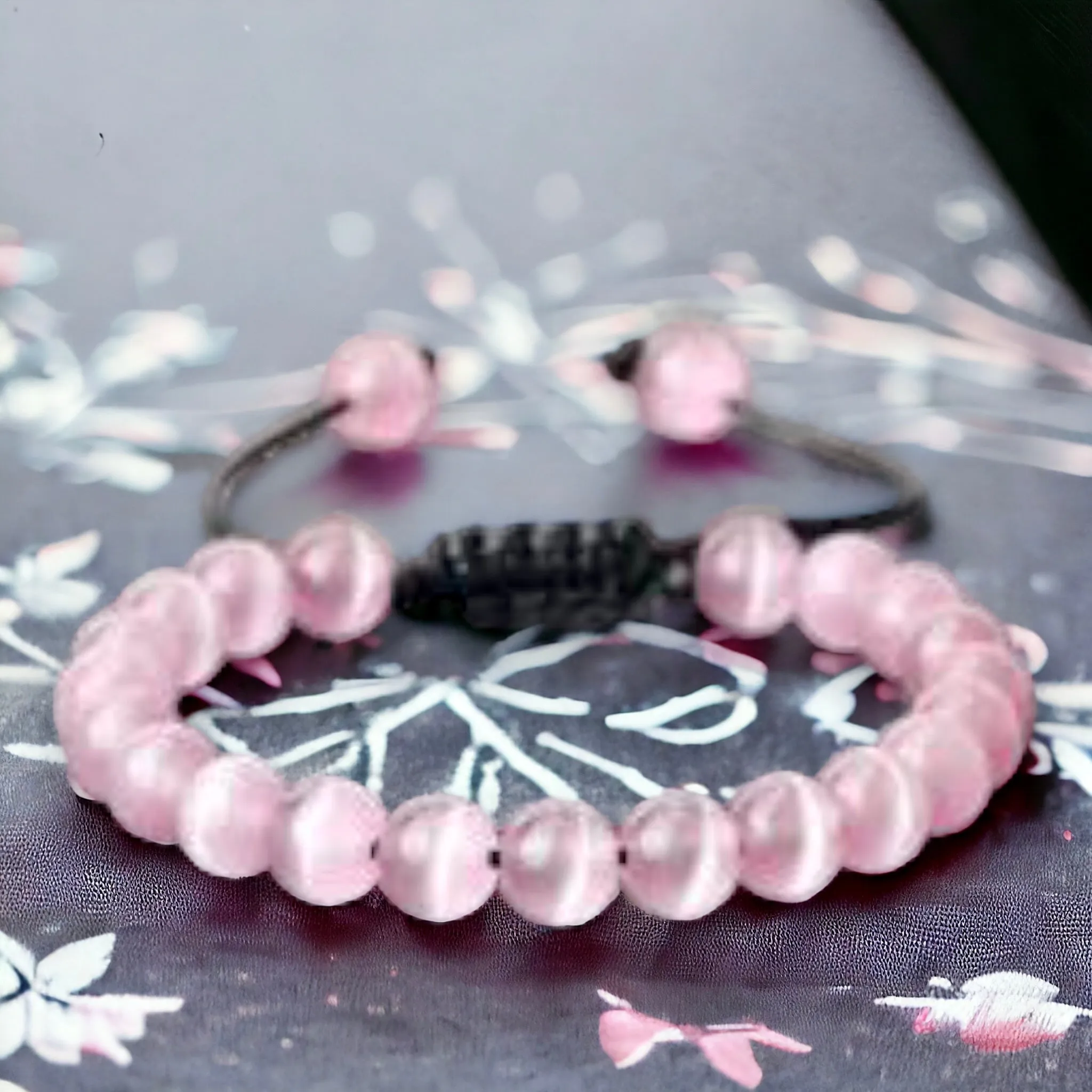 Cats Eye (Chrysoberyl) Pink Braided Macrame Adjustable Sliding Knot Round Smooth (8mm) Natural Gemstone Crystal Energy Bead Bracelet