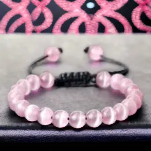 Cats Eye (Chrysoberyl) Pink Braided Macrame Adjustable Sliding Knot Round Smooth (8mm) Natural Gemstone Crystal Energy Bead Bracelet