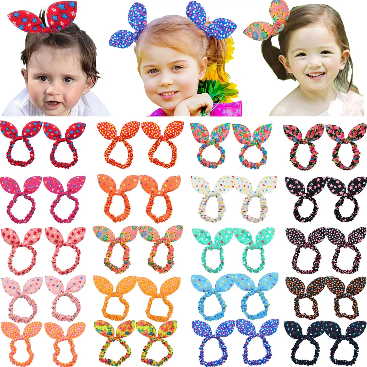 CELLOT 40Pcs Cute Baby Hair Ties Bunny Rabbit Ears Hair Bows Seamless No Crease Elastics Hair Holders for Little Girls and Toddlers in Pairs