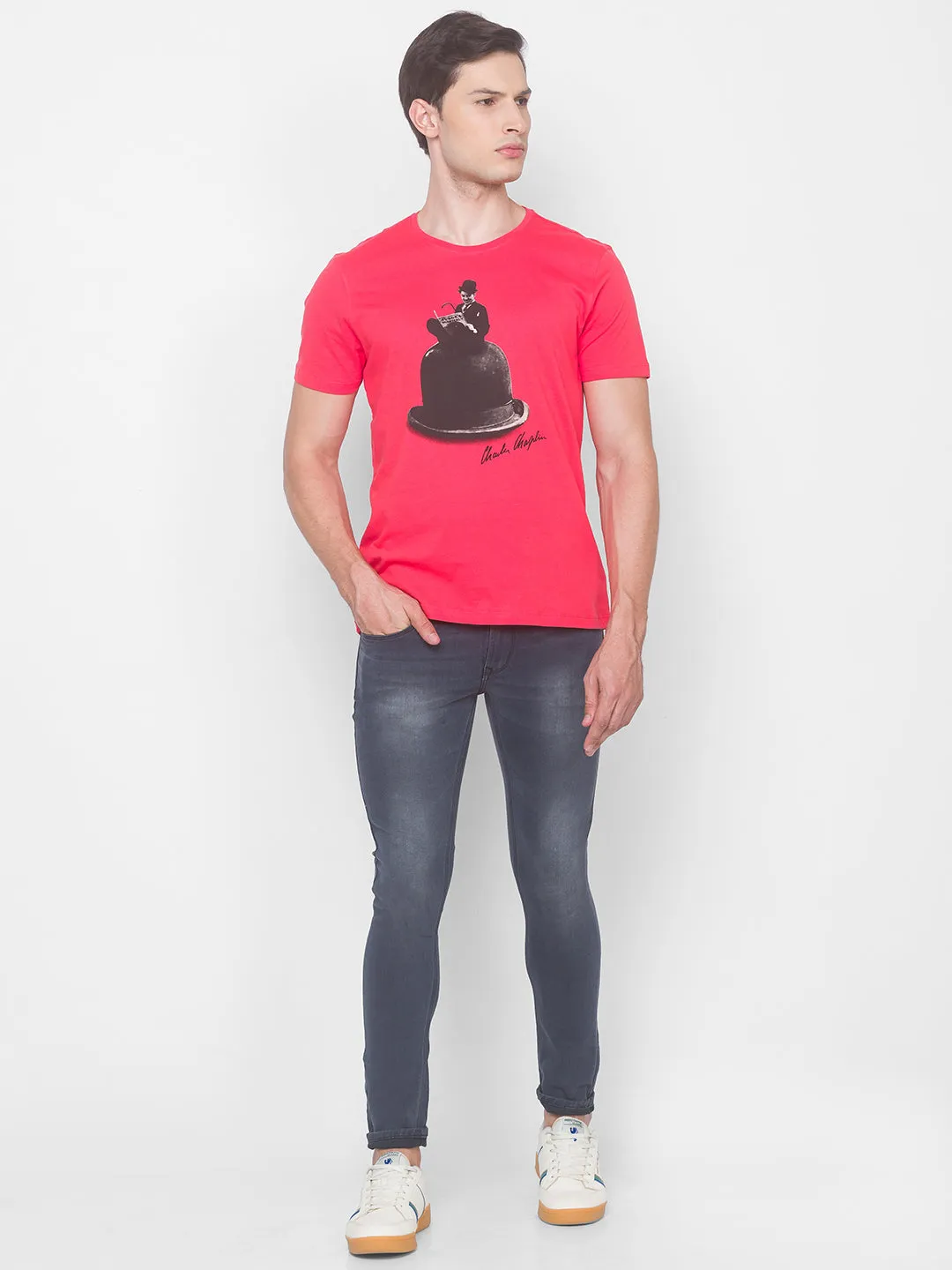 Charlie Chaplin Spykar Men Blue Cotton Slim Fit Round Neck T-Shirt
