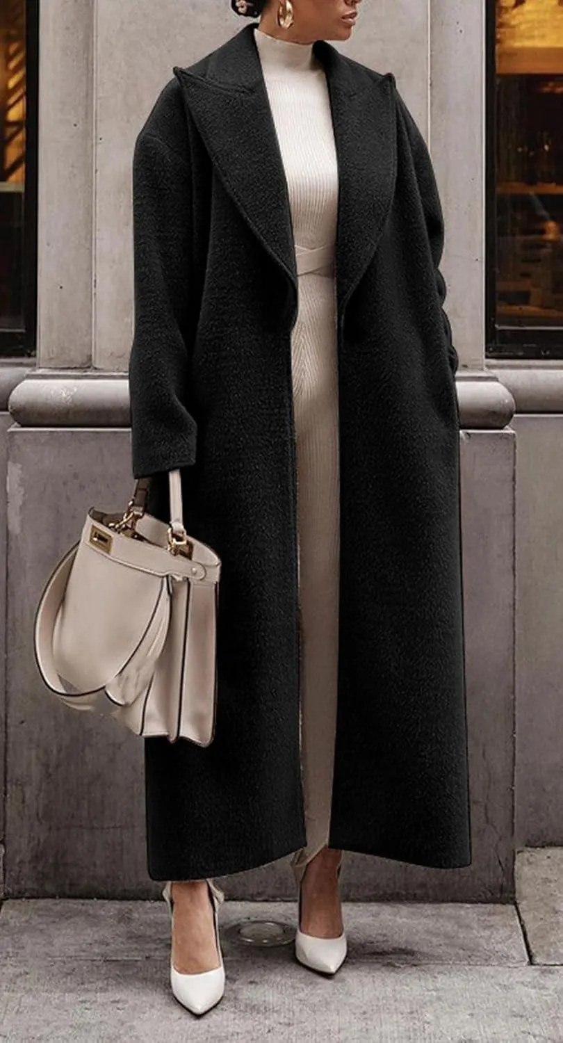 CHARTOU Women Oversized Long Winter Peacoat Lapel Collar Boucle Wool Blend Trench Overcoat